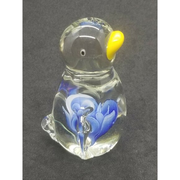 Hand Blown Art Glass Penguin with Blue Lamp Work Flower Inside - Picture 1 of 7